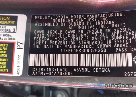 2013 Toyota Camry Xle из США, поврежденный, VIN 4T4BF1FK3DR326350